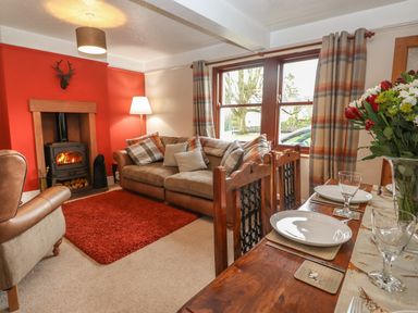 A living room with a wood burning stove a brown sofa with cushions a red rug and a dining table with plates and glasses at Rayside in Ullswater