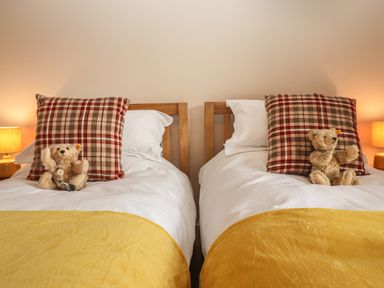 Two single beds with plaid pillows stuffed bears and yellow blankets at Rayside in Ullswater