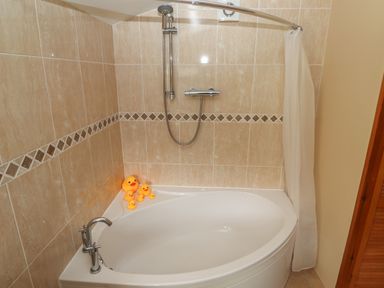 A bathroom with a bathtub and shower and rubber ducks at Rayside Ullswater