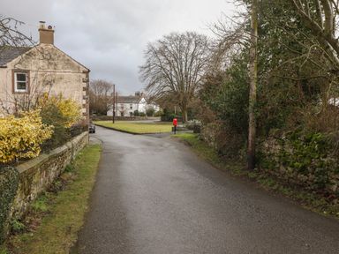 A narrow road with stone walls bushes and trees alongside houses in the distance at Rayside in Ullswater