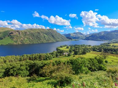 A lake surrounded by green hills and trees under a blue sky with clouds at Rayside in Ullswater