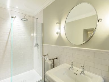 A bathroom with a walk-in shower sink wall mirror and radiator at The Vicarage near Rosthwaite
