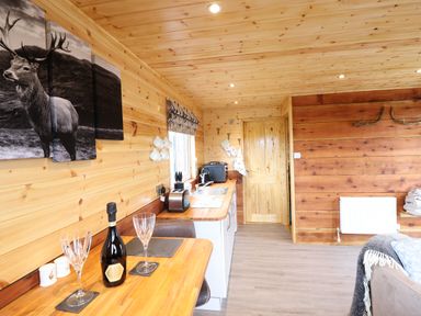 A wooden kitchen and dining area with a bottle and two glasses on a table and a deer picture on the wall at Stag Lodge Pod in Llanfair Caereinion