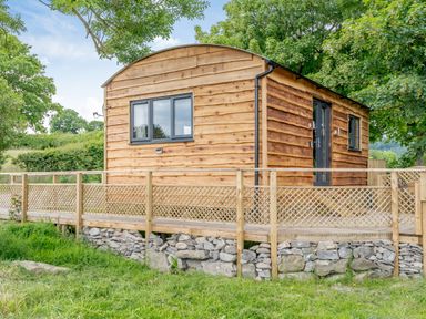 A wooden pod house with black framed windows and a wooden fence on a stone foundation surrounded by grass and trees at Stag Lodge Pod in Llanfair Caereinion