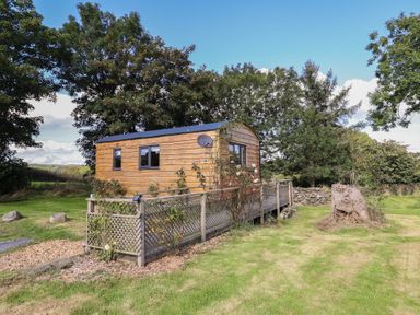 A wooden cabin with a deck and trees at Stag Lodge Pod Llanfair Caereinion
