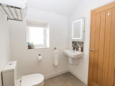 A bathroom with a toilet sink mirror wooden door and window at The Old Mill Bake House in Goodrich