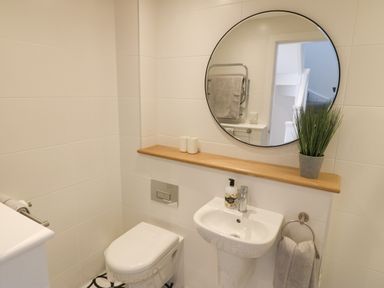 A small bathroom with a toilet sink round mirror and a wooden shelf with plant at 3 Lon Y Dryw in Trearddur Bay
