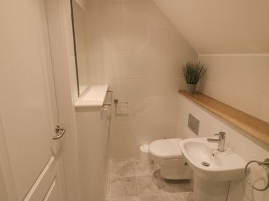 A small bathroom with a toilet sink wall shelf and a plant at 3 Lon Y Dryw in Trearddur Bay