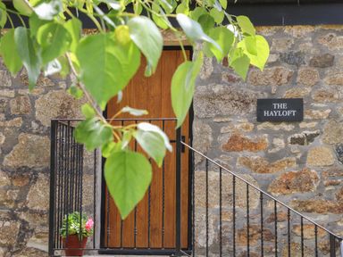 A stone wall with a wooden door a black metal railing and a potted plant at The Hayloft in Helston