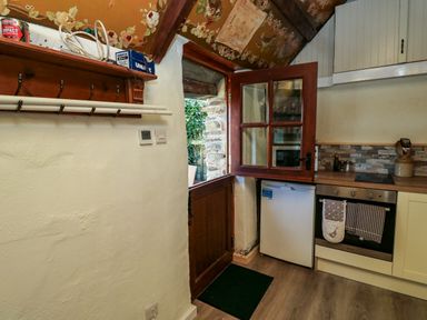 A kitchen with a wooden door open to the outside a small fridge an oven with towels a countertop with kitchen utensils and a shelf with hooks at Toad Hall Cottage in Hutcherleigh near Blackawton