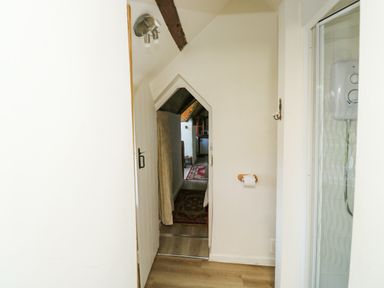 A narrow hallway with wooden floor leading to a room with a rug and a small window at Toad Hall Cottage in Hutcherleigh near Blackawton