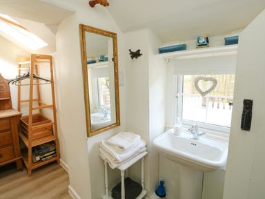 A small room with a sink under a window a mirror and a wooden rack with hangers at Toad Hall Cottage Hutcherleigh near Blackawton