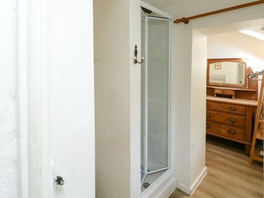 A hallway with a shower cubicle and wooden dresser with mirror at Toad Hall Cottage Hutcherleigh near Blackawton