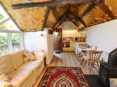 A living area with a sofa a red patterned rug a small dining table with two wooden chairs and a wood stove next to a kitchen with a wooden door and floral painted ceiling at Toad Hall Cottage in Hutcherleigh near Blackawton