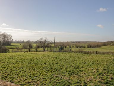 A grassy field with trees fences and utility poles under a clear sky at Coach House Mews in Alderminster