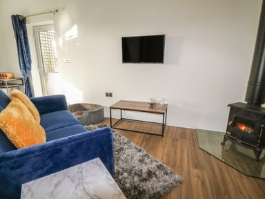 A living room with a blue sofa and yellow cushions a mounted TV a wood stove a dog bed and a small table at Primrose End in Jacobstow