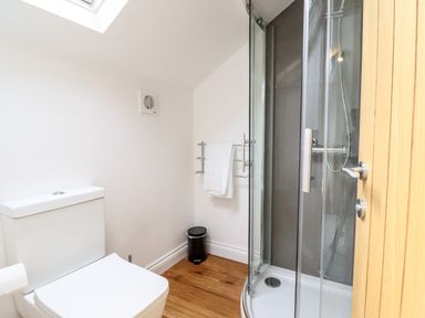 A bathroom with a toilet shower enclosure towel rack and waste bin at The Bull Inn in Deiniolen