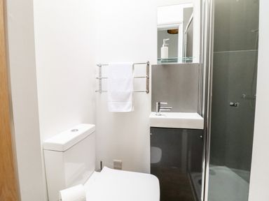 A small bathroom with a toilet a towel rack with a towel a sink with a soap dispenser and a shower at The Bull Inn in Deiniolen
