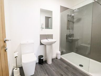 A bathroom with a toilet sink shower with glass door and wooden door at The Bull Inn in Deiniolen