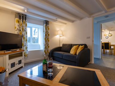 A living room with a dark sofa and yellow cushions a coffee table with a bottle and glasses and a television on a stand at Rose Cottage in St Ives