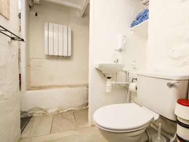 A small bathroom with a toilet sink and shelves with towels at The Old Stable in Porthallow