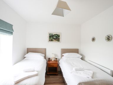A bedroom with two single beds a wooden nightstand and decorative items at Bryn Afon Farm Llanrug