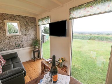A sitting area with a black sofa a television on the wall and large windows showing a grassy field at Shepherds Hut in Colton near Rugeley Staffordshire