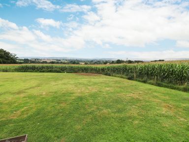 A grassy lawn with a fenced cornfield and hills in the background at Shepherds Hut in Colton near Rugeley Staffordshire
