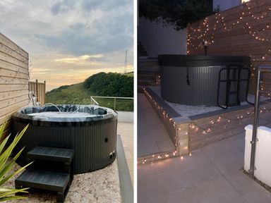 Two views of an outdoor hot tub area with wooden paneling and steps at Ocean View in Downderry