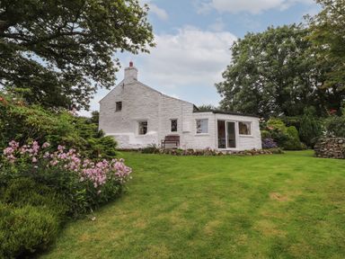 A white stone house with a green lawn and various bushes and trees around at Penllain in Newport Pembrokeshire