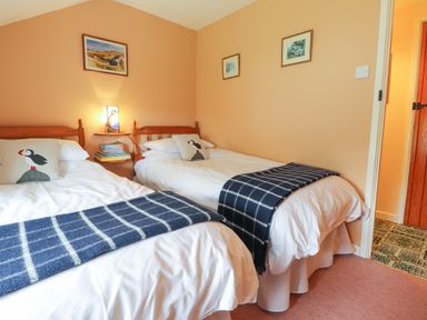 A bedroom with two single beds each with a plaid blanket and puffin pillows at Penllain in Newport Pembrokeshire