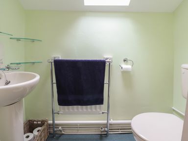 A bathroom with a white sink toilet radiator and towel at Penllain in Newport Pembrokeshire