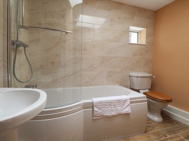 A bathroom with a bathtub sink and toilet with a wooden seat at Penllain in Newport Pembrokeshire