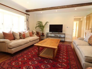A living room with sofas a wooden coffee table a red patterned rug a television on a stand and a potted plant at Morgans Farmhouse in Bampton Oxfordshire