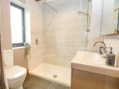 A bathroom with a toilet sink shower and window at Shorthorn Barn in Attlebridge near Taverham