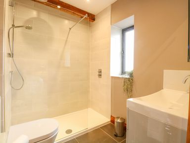 A bathroom with a walk-in shower a toilet and a sink with a window at Shorthorn Barn in Attlebridge near Taverham
