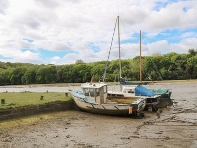 Boats resting on mudflats near a river with green trees in the background at Armando in Devoran Cornwall