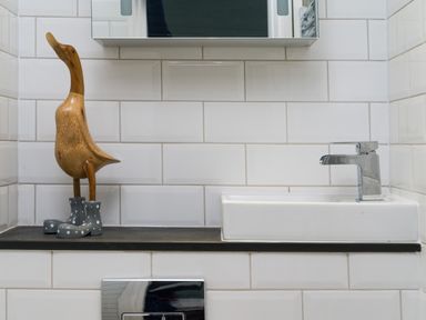 A bathroom sink with a modern faucet and a wooden duck decoration wearing boots at Fellside Lodge in Bowness-On-Windermere