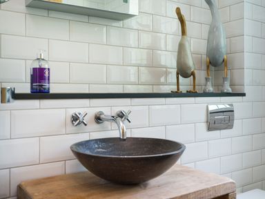 A bathroom sink with modern faucet and two decorative bird statues on a shelf at Fellside Lodge in Bowness-On-Windermere