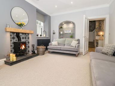 A living room with a fireplace two sofas and a built in shelf at Eller Close House in Grasmere