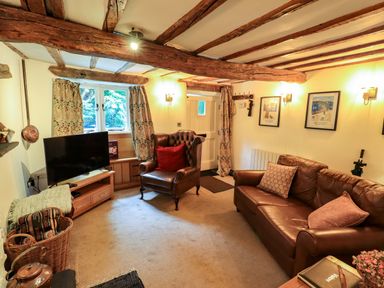 A living room with a television and sofas at Fellside Cottage in Bowness-On-Windermere