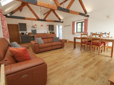 An open living room and kitchen with two brown sofas wooden dining table and chairs and exposed wooden beams at Swallows Nest in Puxey near Sturminster Newton