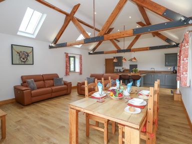 An open plan living room and kitchen with wooden beams sofas and a dining table at Swallows Nest in Puxey near Sturminster Newton
