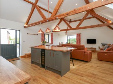 An open kitchen and living room with wooden beams on the ceiling and leather sofas at Swallows Nest in Puxey near Sturminster Newton
