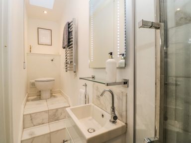 A narrow bathroom with a toilet on a raised platform a sink with a faucet a mirror a towel rack and a glass shower door at 23 Daniel Street in Bath