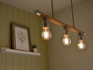 A hanging light fixture with three exposed bulbs above a shelf with a framed picture and small plant at The Wren in Wem
