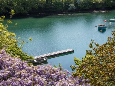 A river with two small boats moored next to a floating dock surrounded by trees and purple flowers at Creekside House in Fowey