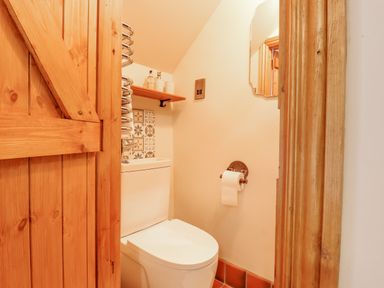 A small bathroom with a toilet a wooden door a wall-mounted toilet paper holder a small mirror and a shelf with toiletries at Postbox Cottage in Feltwell