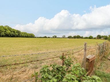 A fenced grassy field with trees in the background under a partly cloudy sky at Postbox Cottage in Feltwell