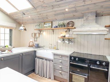 A kitchen with a black stove sink with curtain under it shelves with cups and plants and wooden ceiling at The Owl's Shack in Kendal